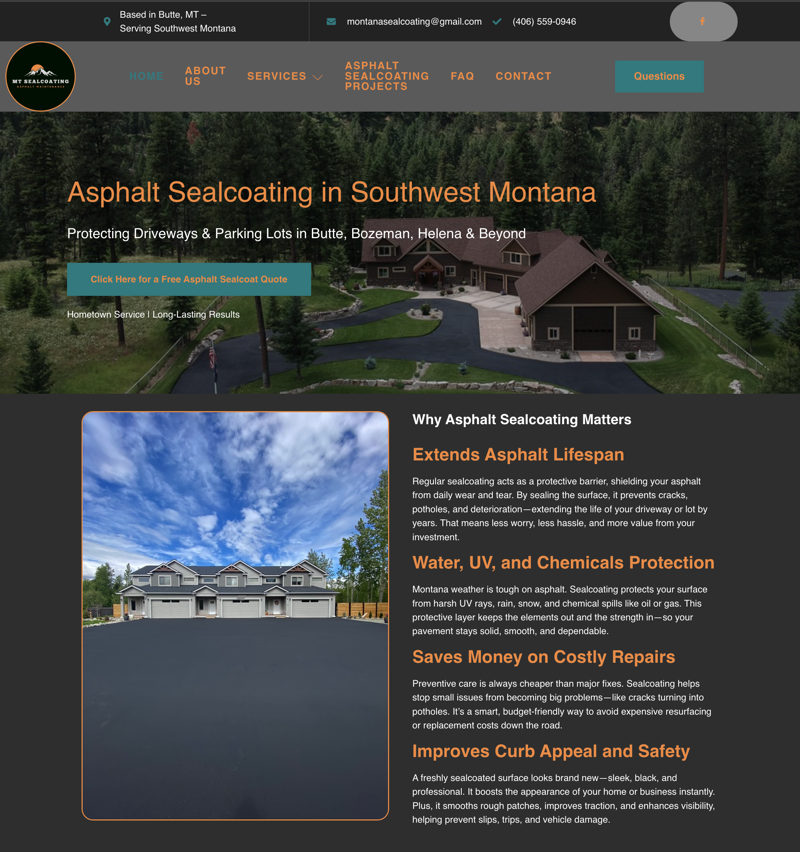 Screenshot of MontanaSealcoating.com, a mobile-optimized website designed by Mr. BusinessBuilder in Helena, Montana