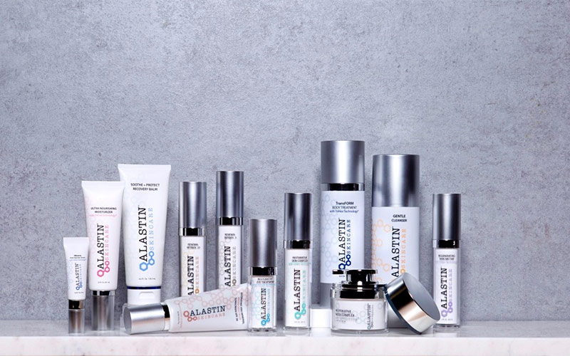 Premium skincare products displayed at Associated Dermatology’s Advanced Laser Clinic in Helena, Montana.