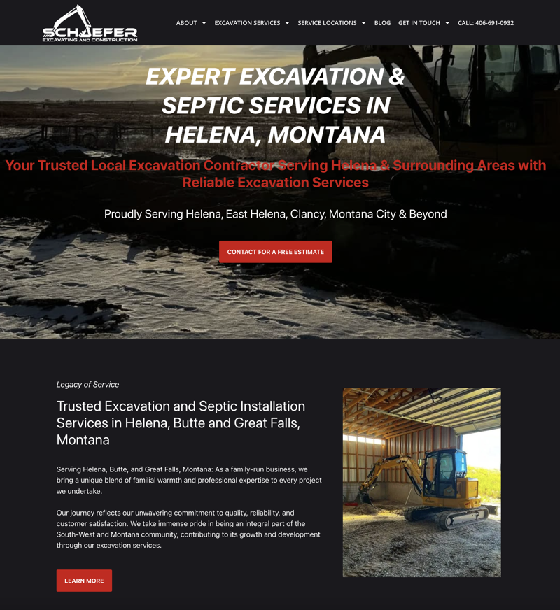 Schaefer Excavating homepage – Helena MT excavation and septic service website designed by Mr. BusinessBuilder