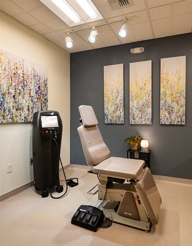 Examination room at Associated Dermatology’s Advanced Laser Clinic in Helena, Montana, prepared for laser, esthetic, and injectable cosmetic treatments.